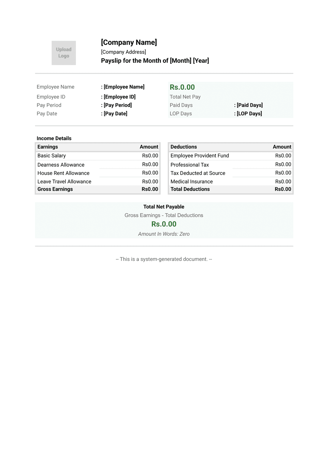 Preview of Basic Salary Slip Format